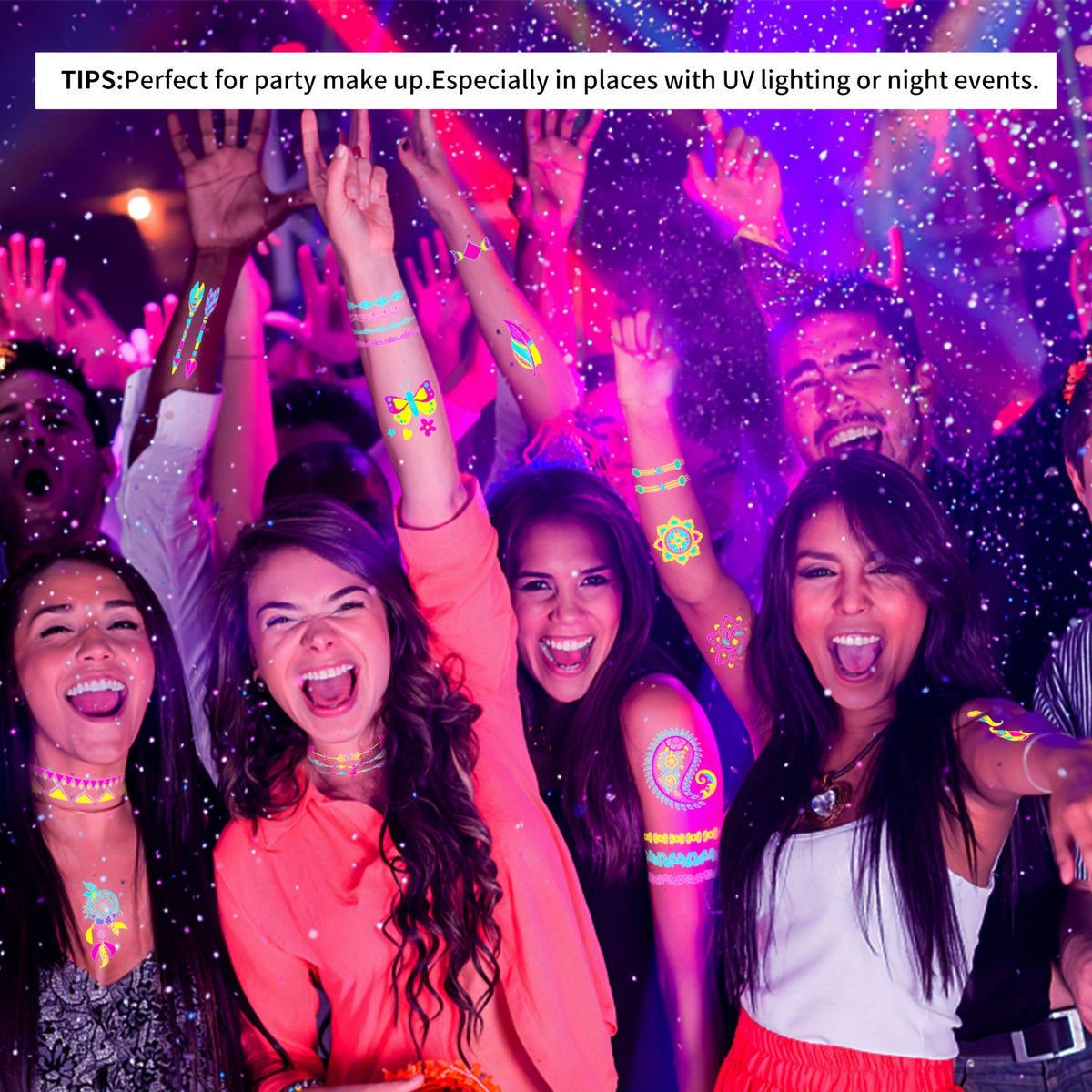 Neon Glow Temporary Tattoos, Blacklight Body Art Stickers, - 20 Sheets