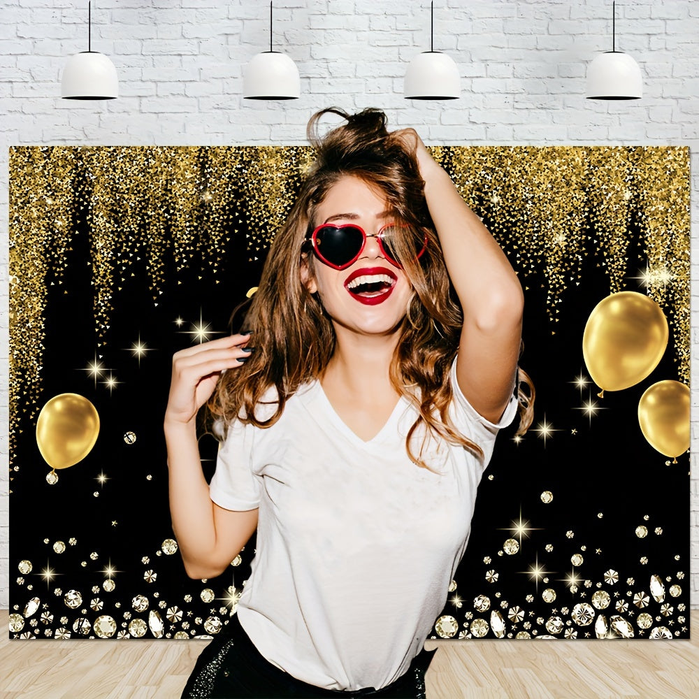 Luxurious Black & Golden Happy Birthday Backdrop with Diamond Balloons and Glitter - Polyester Photography Background for Indoor/Outdoor Parties, 152.4x91.44cm/213.36x152.4cm/243.84x182.88cm