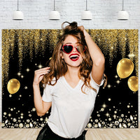 Luxurious Black & Golden Happy Birthday Backdrop with Diamond Balloons and Glitter - Polyester Photography Background for Indoor/Outdoor Parties, 152.4x91.44cm/213.36x152.4cm/243.84x182.88cm