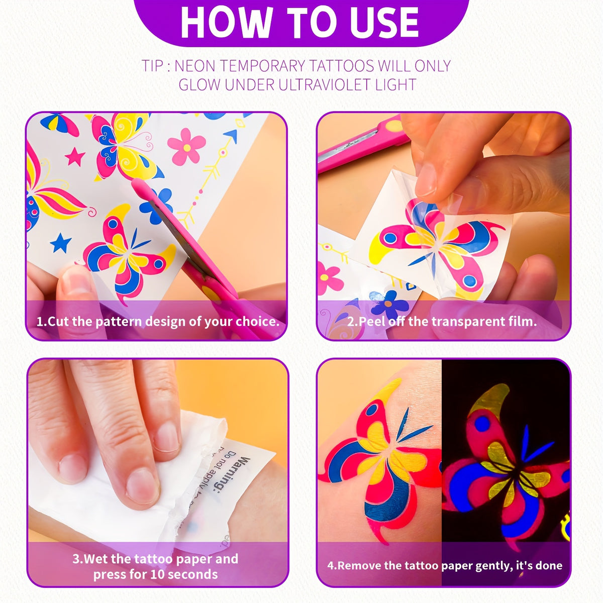 Neon UV Light Temporary Tattoos, Fluorescent Glow in the Dark Stickers - 20-Pack