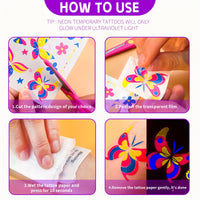 Neon UV Light Temporary Tattoos, Fluorescent Glow in the Dark Stickers - 20-Pack