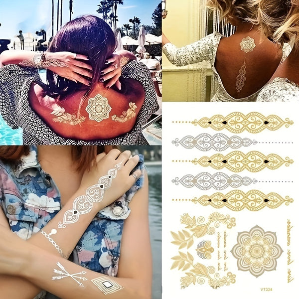 Metallic Golden Henna Temporary Tattoos - Waterproof - 1 Sheet