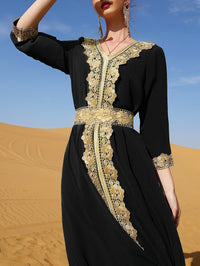 Ramadan Lace Trim V Neck Kaftan, Elegant Long Sleeve Maxi Dress, Women's Clothing