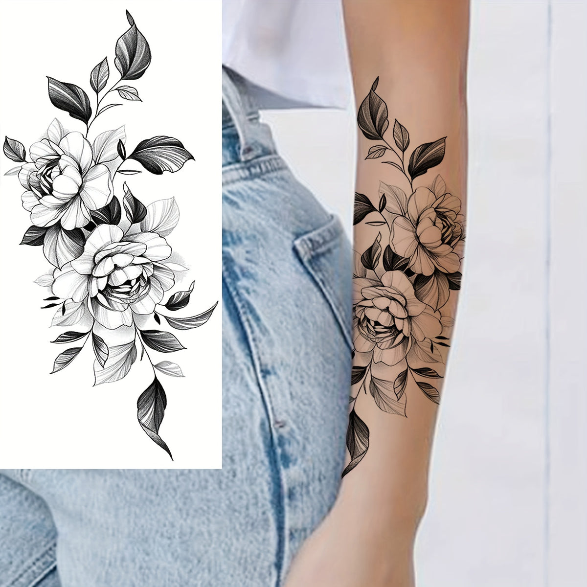 Black Sketch Peony Flower Temporary Tattoo - 1 Sheet
