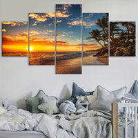 Wooden Framed Canvas Poster, Sunset Sea View Beach Coconut Trees Canvas - 5pcs/set