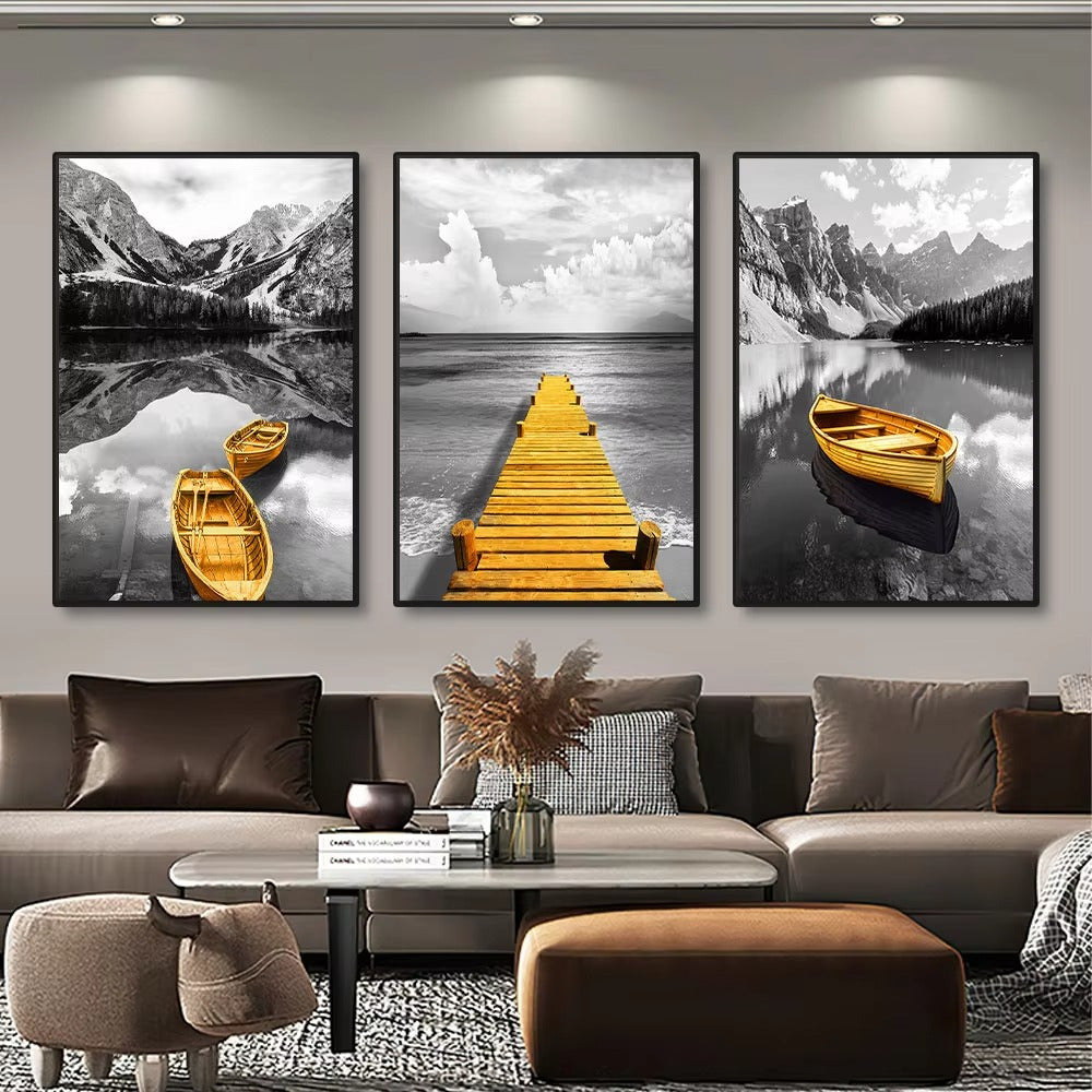 Frameless Canvas Prints - Yellow Boat on Lake & Golden Wooden Bridge - 3pcs Set