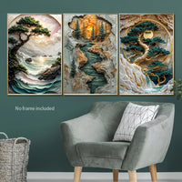 Room Decor - Sun, Moon & Cypress Mountain Stone Carving Art - 3pcs Set