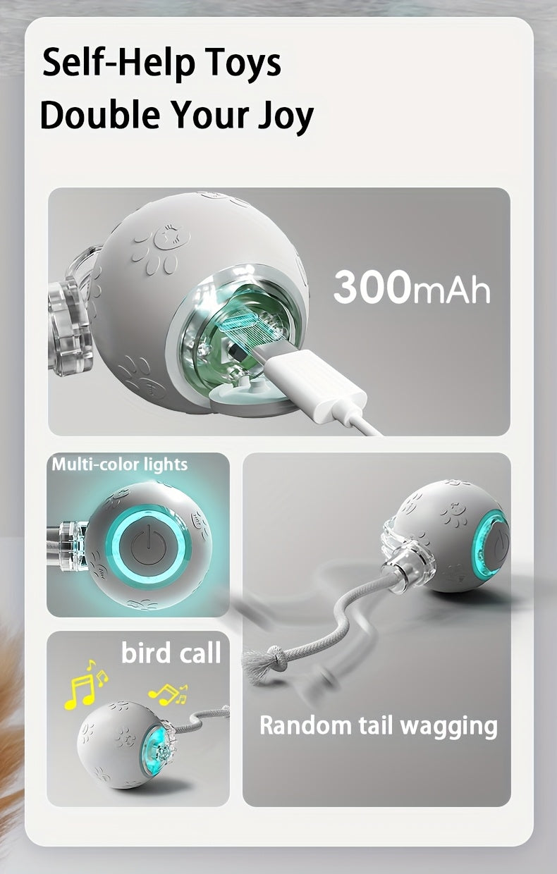 [1pc Interactive Cat Ball Toy] 1pc Interactive Automatic Cat Ball Toy with Tail & Bird Call Sounds, USB Rechargeable, Plastic, Suitable for Chinchillas, Hamsters, and House Cats - Random Rolling Pet Entertainment