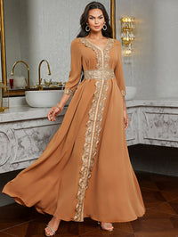 Ramadan Lace Trim V Neck Kaftan, Elegant Long Sleeve Maxi Dress, Women's Clothing