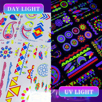 Neon UV Light Temporary Tattoos, Fluorescent Glow in the Dark Stickers - 20-Pack