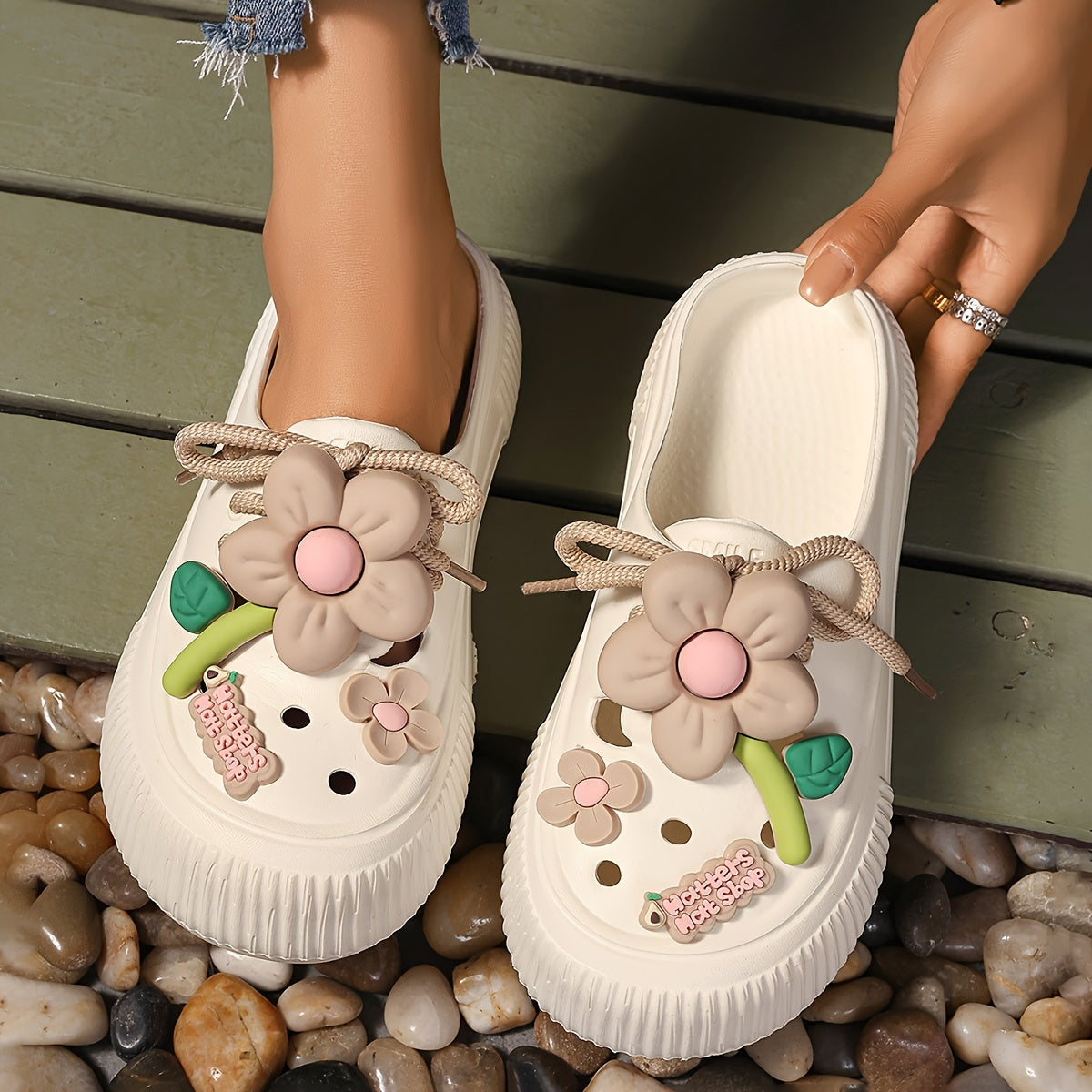 Women's Flower Decor Clogs, Casual Hollow Out Design Garden Shoes, Comfortable Slip On Beach Shoes