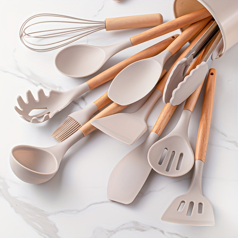 12pcs Silicone Kitchen Utensil Set with Wooden Handles