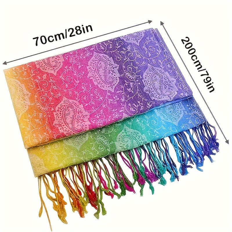 Elegant Bohemian Paisley Jacquard Satin Scarf with Rainbow Gradient and Tassels - Stylish Windproof Shawl for Women, Perfect for Carnival and Outdoor Events