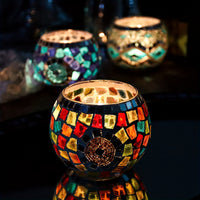 Set of 3 Glamorous Handcrafted Turkish Moroccan Mosaic Glass Candle Holders - Lacquered Finish Tabletop Candle Bowls for Romantic Dinners, Home Decor, and Multicultural Festivities Including Christmas, Hanukkah, Ramadan, and