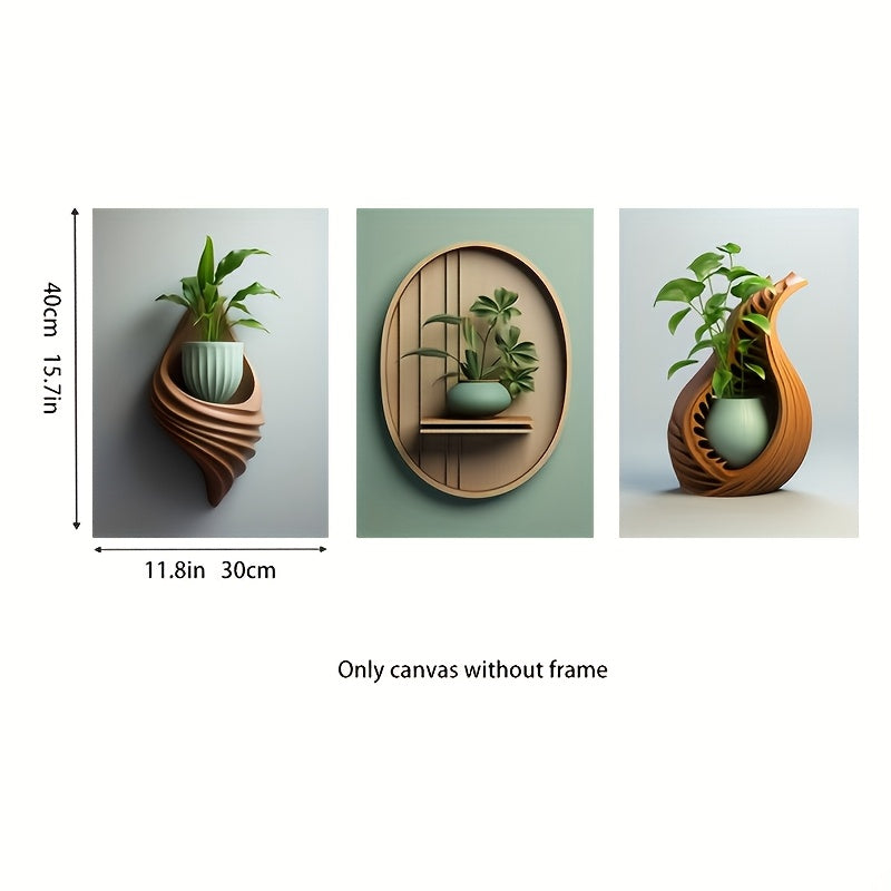 Wood Carving Ceramic Green Plant Potted Flower Canvas