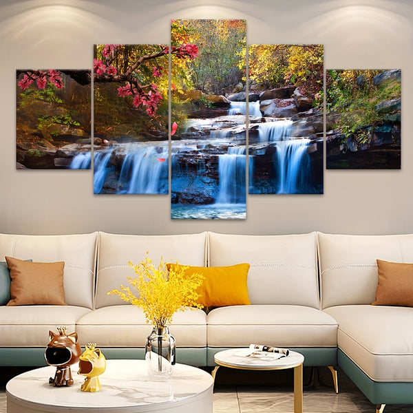 Contemporary Landscape Canvas Art Set, Frameless Waterfall Forest Scene - 5pcs