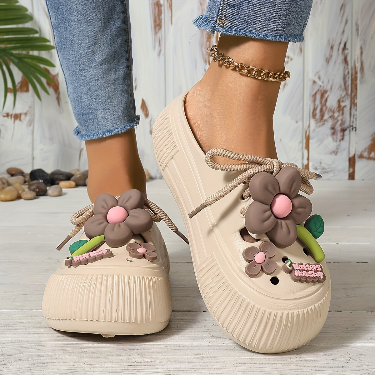 Women's Flower Decor Clogs, Casual Hollow Out Design Garden Shoes, Comfortable Slip On Beach Shoes