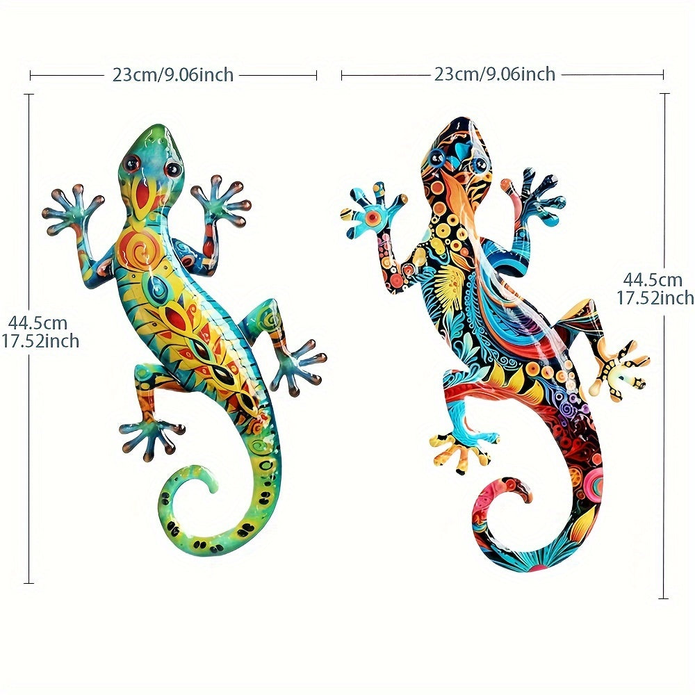 Large Metal Gecko Wall Decor with Handcrafted Floral Lizard Design - 2pcs