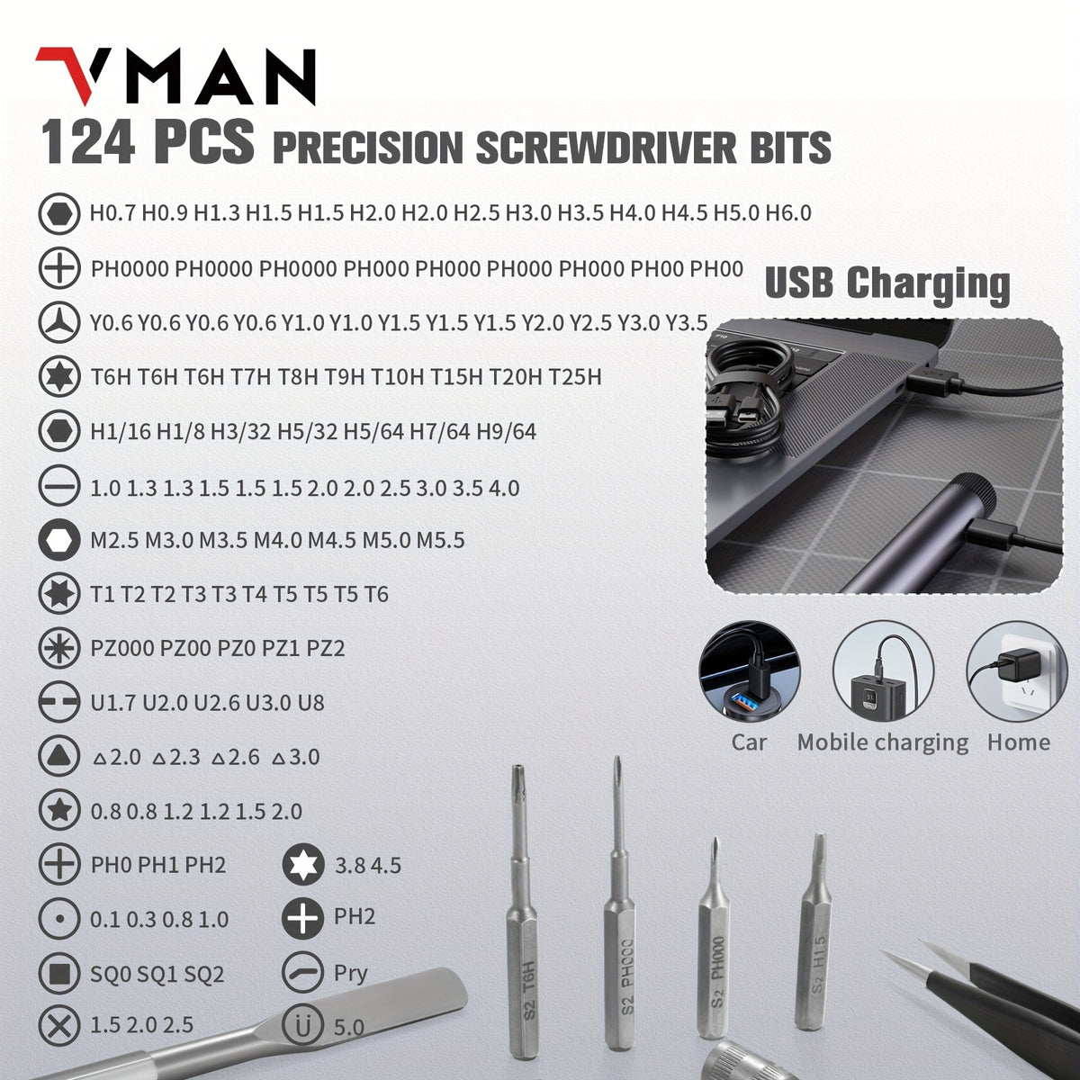 VMAN 138-in-1 Precision Electric Screwdriver Set, Handheld Chrome Vanadium Steel, Battery/USB Dual Power Mode, 230mAh Rechargeable Lithium Polymer Battery, ≤36V Operating Voltage for Mobile Phones, Cameras, Computers, Gamin