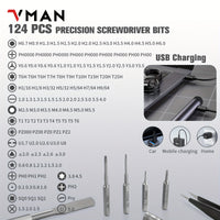 VMAN 138-in-1 Precision Electric Screwdriver Set, Handheld Chrome Vanadium Steel, Battery/USB Dual Power Mode, 230mAh Rechargeable Lithium Polymer Battery, ≤36V Operating Voltage for Mobile Phones, Cameras, Computers, Gamin