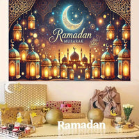 1pc Ramadan Mubarak Night Sky Backdrop - Elegant Crescent Moon & Lanterns Design, Reusable Polyester Party Banner for Indoor/Outdoor Eid Celebrations, Spring & Summer Festive Decor, Festive Backdrop | Elegant Lettering Design