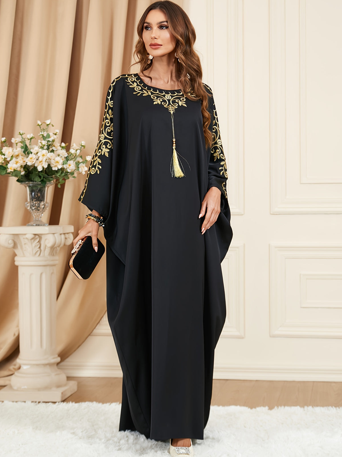 Plus Size Floral Pattern Tassel Decor Kaftan Dress, Elegant Crew Neck Batwing Sleeve Dress, Women's Plus Size Clothing