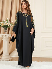 Plus Size Floral Pattern Tassel Decor Kaftan Dress, Elegant Crew Neck Batwing Sleeve Dress, Women's Plus Size Clothing