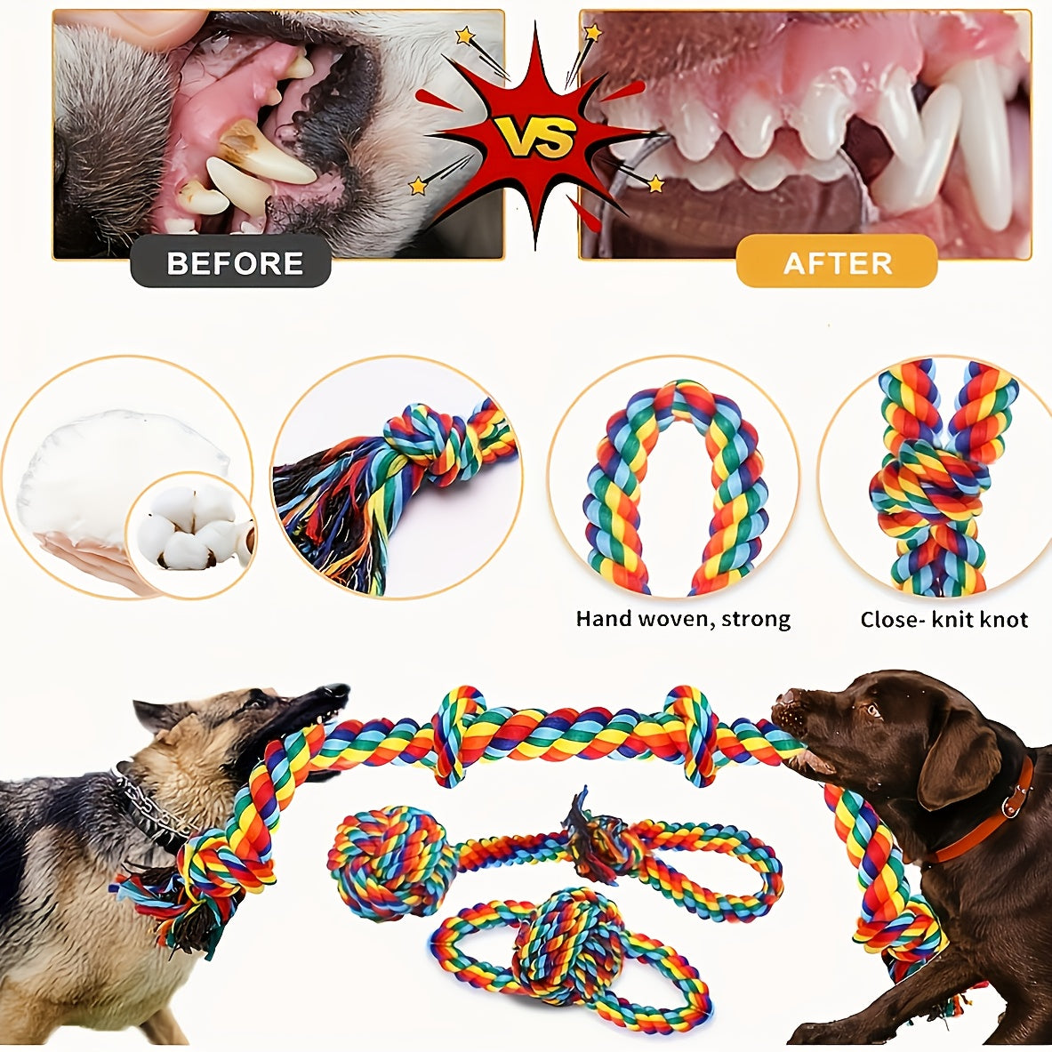 Durable Cotton Blend Dog Rope Toys Set - Tough Chew Toys for Teething - 6-Pack