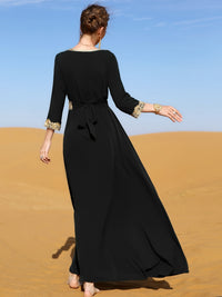 Ramadan Lace Trim V Neck Kaftan, Elegant Long Sleeve Maxi Dress, Women's Clothing