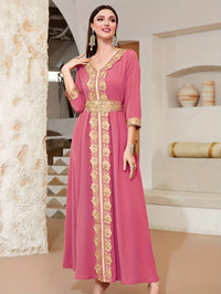 Ramadan Lace Trim V Neck Kaftan, Elegant Long Sleeve Maxi Dress, Women's Clothing