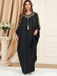 Plus Size Floral Pattern Tassel Decor Kaftan Dress, Elegant Crew Neck Batwing Sleeve Dress, Women's Plus Size Clothing
