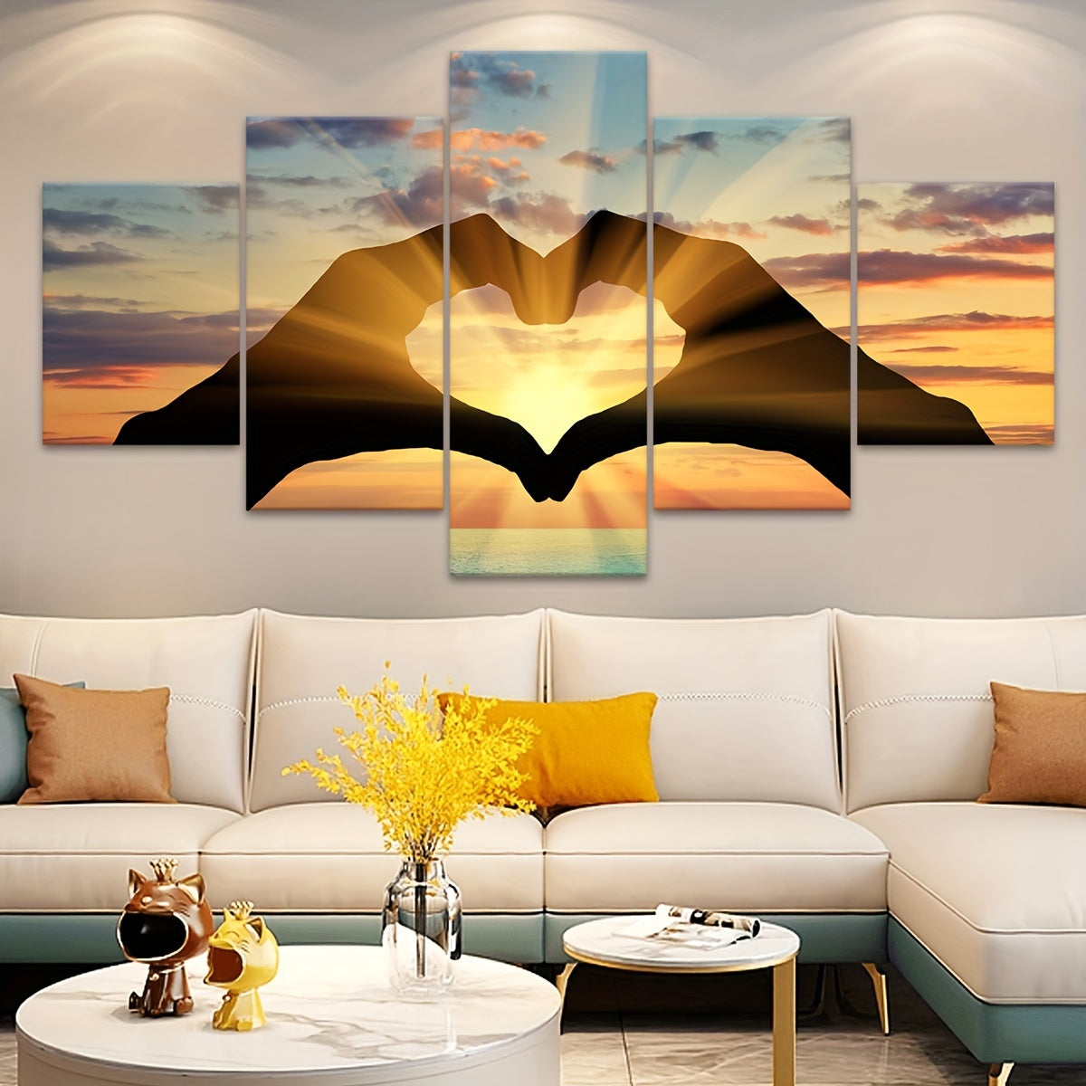 Contemporary Canvas Wall Art Set, Sunset Love Heart Hand Silhouette - 5pcs