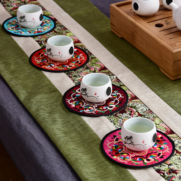 12 Pieces of Traditional Chinese Embroidered Coasters - 12.8cm/5.03in Diameter - Linen Blend Cover - Perfect for Home and Kitchen Decor