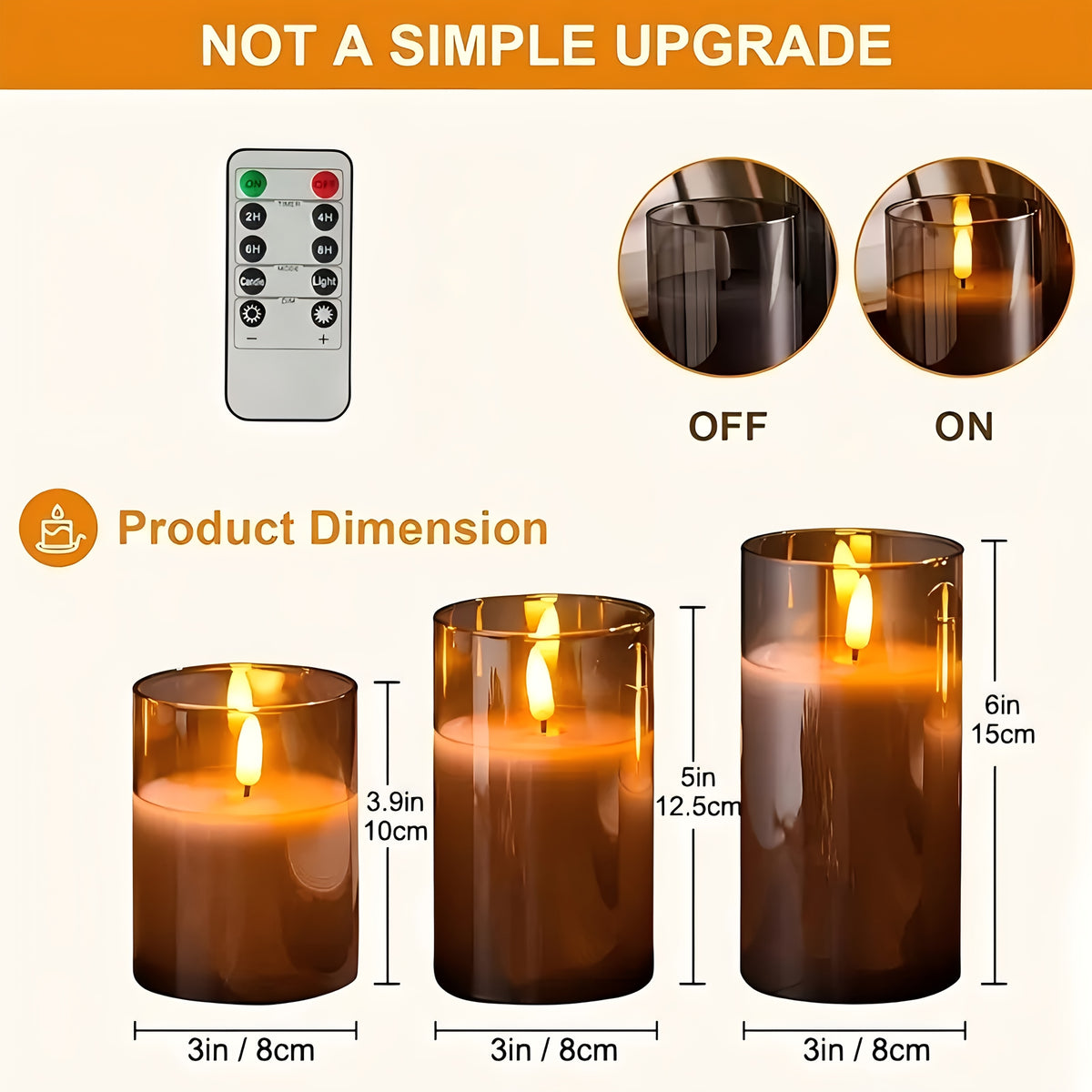 Three-Pack Flameless Candle with Flashing, Remote Control and Timer, Wicking Acrylic Electric Candle, Battery Powered LED Column Candle - Gray 10.16cm12.7cm15.24cm