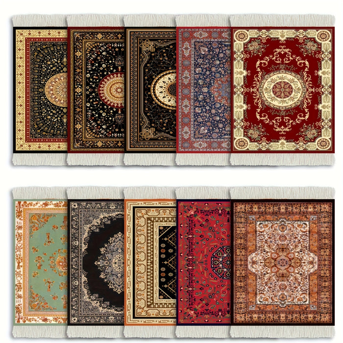 10pcs Set, Oriental Design Table Coasters, Elegant Vintage Fabric Rug Drink Mats, Hand Washable Rubber Coasters for Home Office Coffee Table Bar Kitchen, Brushed Metal Finish, Holiday Themed for Christmas, Halloween, Easter,