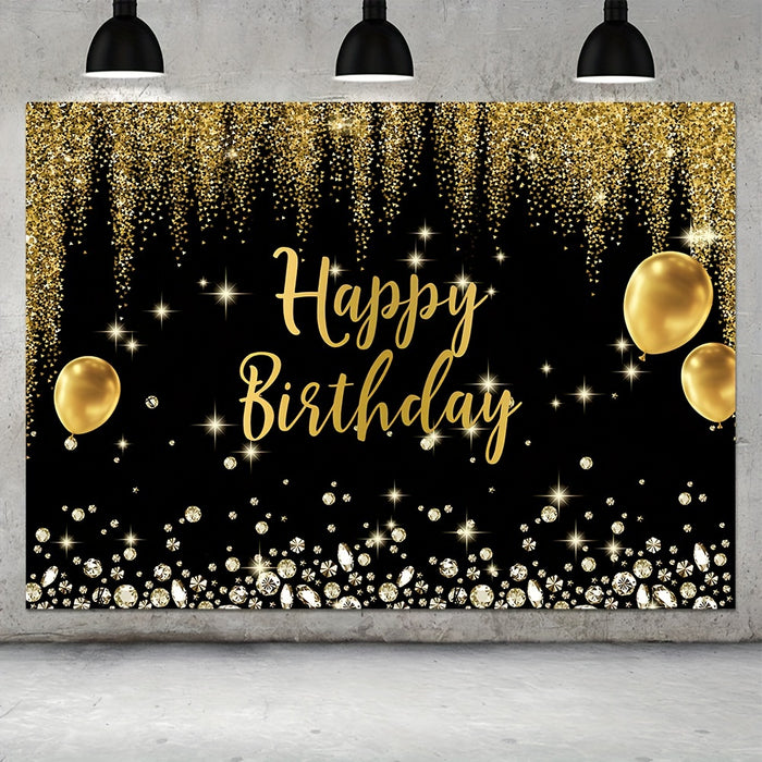 Luxurious Black & Golden Happy Birthday Backdrop with Diamond Balloons and Glitter - Polyester Photography Background for Indoor/Outdoor Parties, 152.4x91.44cm/213.36x152.4cm/243.84x182.88cm