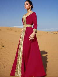 Ramadan Lace Trim V Neck Kaftan, Elegant Long Sleeve Maxi Dress, Women's Clothing