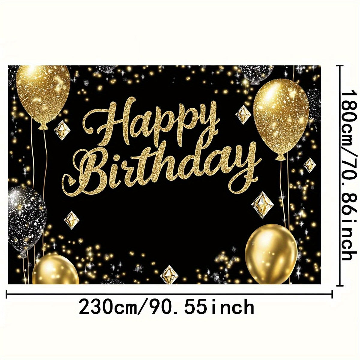 Luxury Black & Golden Happy Birthday Backdrop, Polyester Party Decor with Diamond Balloons & Sparkles, Versatile Indoor/Outdoor Celebration Banner for Weddings, Birthdays & More, No Electricity Needed