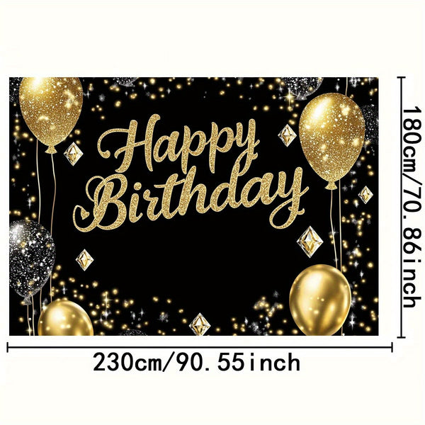 Luxury Black & Golden Happy Birthday Backdrop, Polyester Party Decor with Diamond Balloons & Sparkles, Versatile Indoor/Outdoor Celebration Banner for Weddings, Birthdays & More, No Electricity Needed
