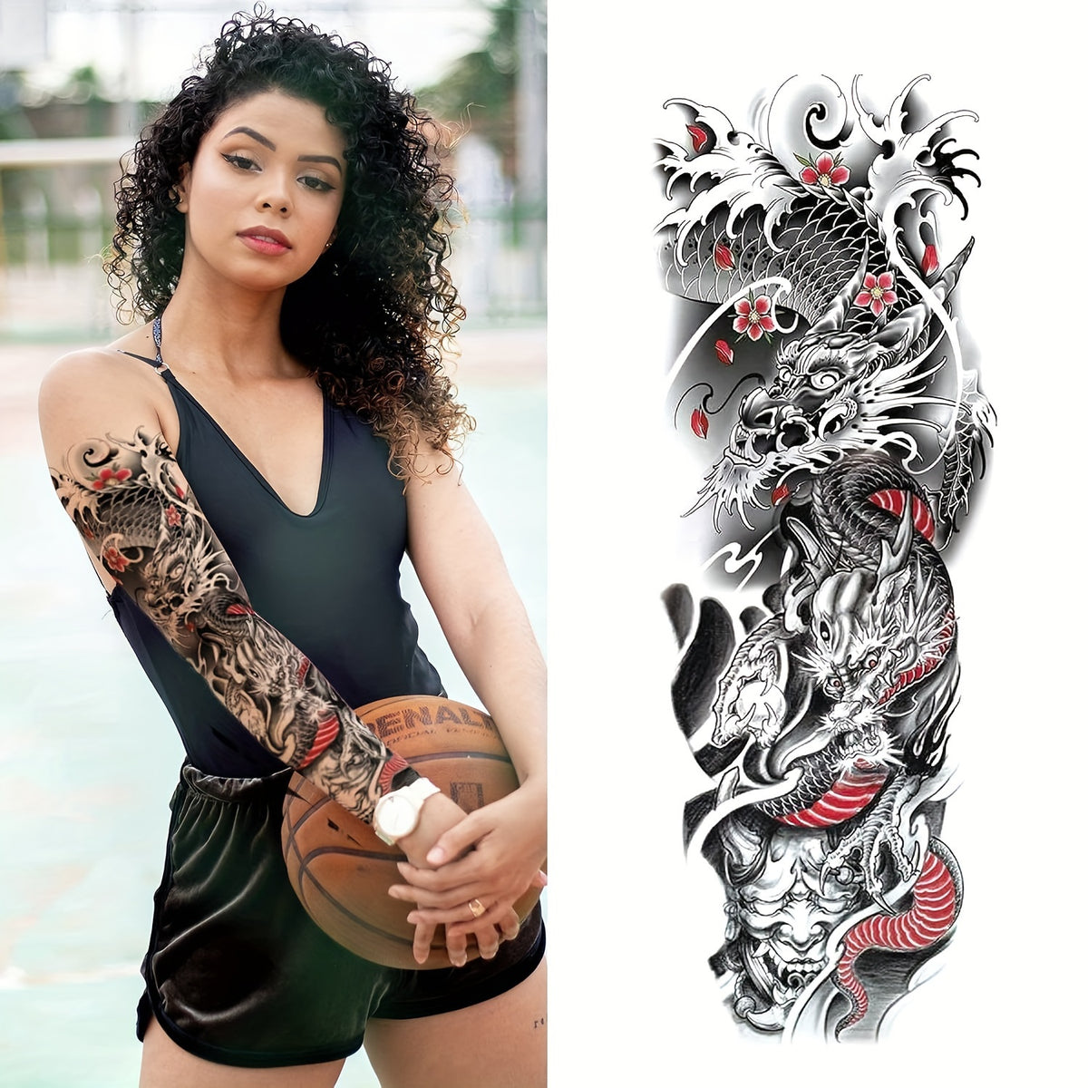 Full Arm Temporary Tattoos, Colorful Skull Tiger Fish Tribal Totem And Dragon - 12pcs