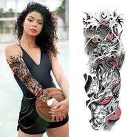 Full Arm Temporary Tattoos, Colorful Skull Tiger Fish Tribal Totem And Dragon - 12pcs