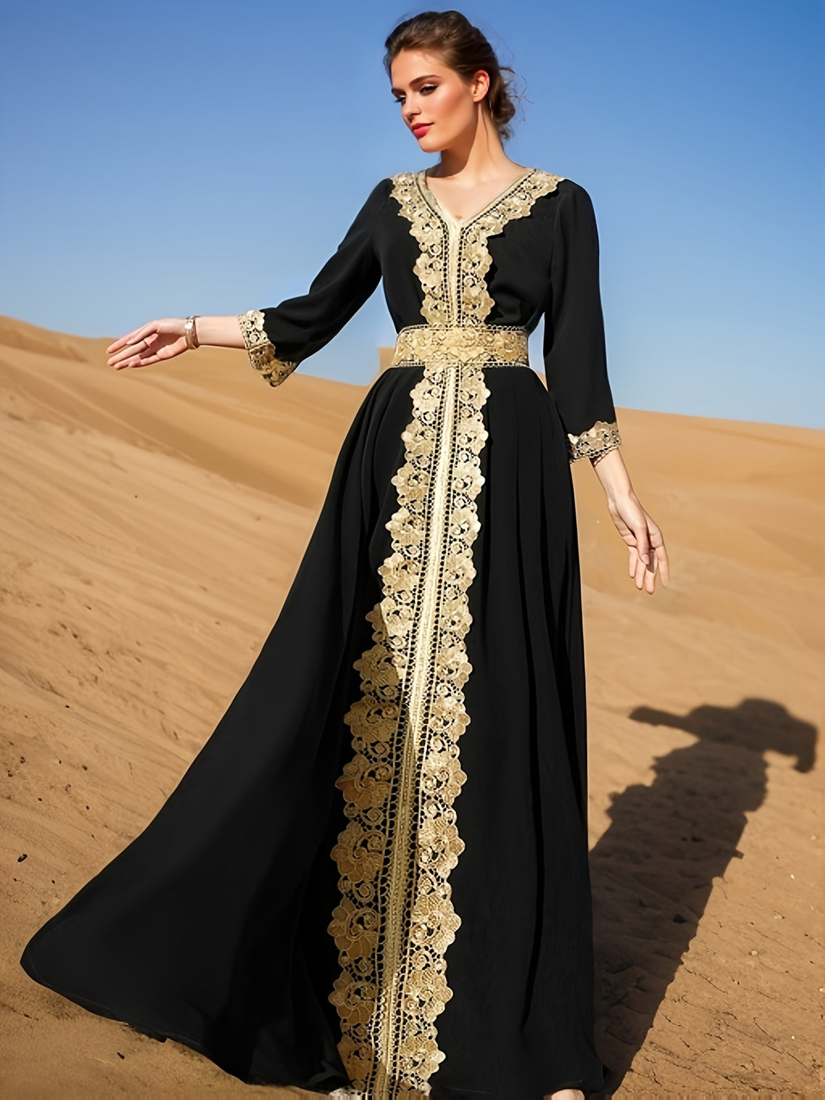 Ramadan Lace Trim V Neck Kaftan, Elegant Long Sleeve Maxi Dress, Women's Clothing