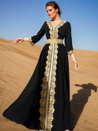 Ramadan Lace Trim V Neck Kaftan, Elegant Long Sleeve Maxi Dress, Women's Clothing