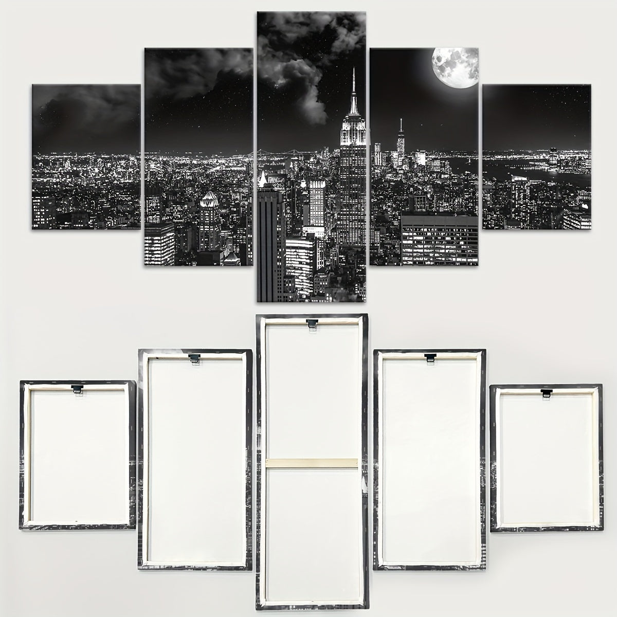 Art Deco Urban Night View Canvas Wall Art Set, Black and White City scape - 5pcs