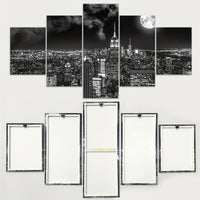 Art Deco Urban Night View Canvas Wall Art Set, Black and White City scape - 5pcs