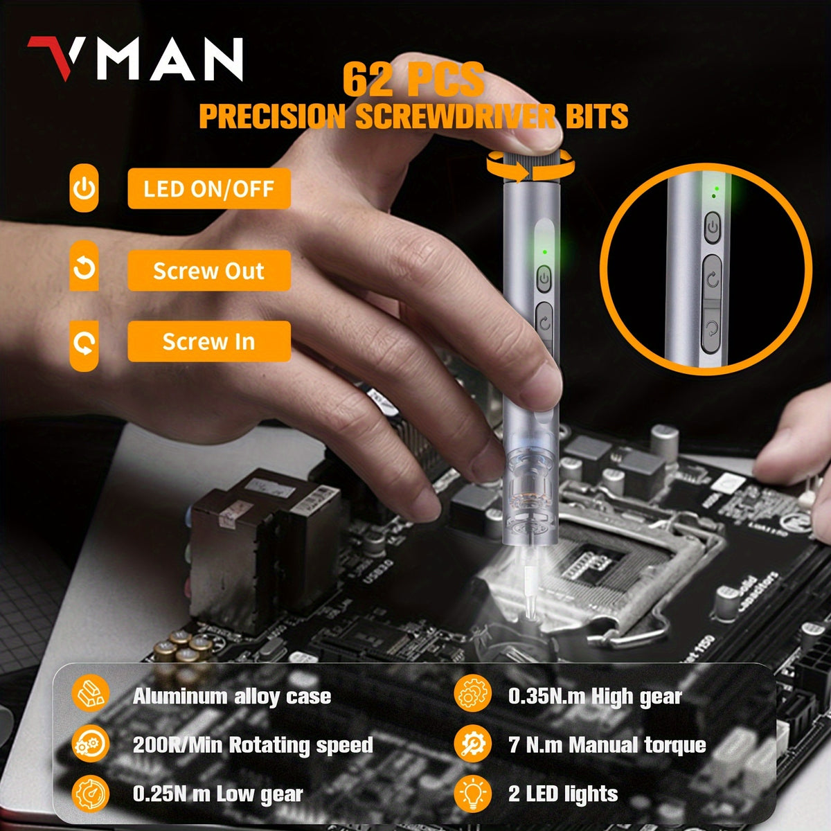 VMAN 138-in-1 Precision Electric Screwdriver Set, Handheld Chrome Vanadium Steel, Battery/USB Dual Power Mode, 230mAh Rechargeable Lithium Polymer Battery, ≤36V Operating Voltage for Mobile Phones, Cameras, Computers, Gamin