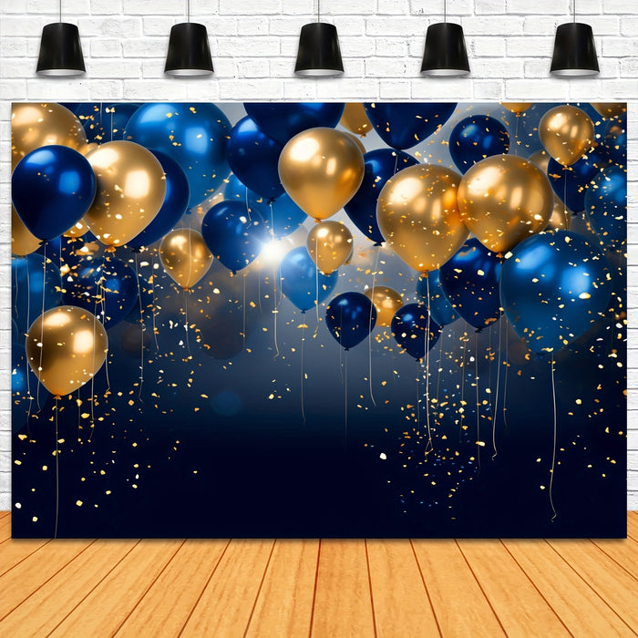 1pc Royal Blue & Golden Balloon Backdrop - Polyester Party Banner for Birthday, Anniversary, Tailgating - Reusable, No Electricity Needed - Versatile Celebration & Photoshoot Decoration