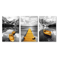 Frameless Canvas Prints - Yellow Boat on Lake & Golden Wooden Bridge - 3pcs Set