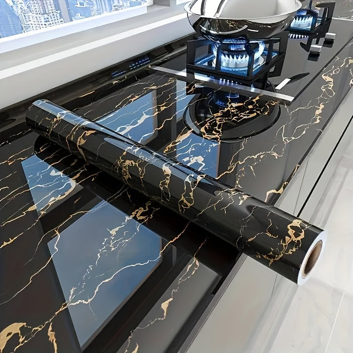 1 Roll Black Gold Marble Textured Self-Adhesive Waterproof Wallpaper, Heat-Resistant Kitchen Wall Covering, Easy Peel & Stick Vinyl Film for Furniture/Tabletop/Room Decor Renovation