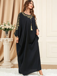Plus Size Floral Pattern Tassel Decor Kaftan Dress, Elegant Crew Neck Batwing Sleeve Dress, Women's Plus Size Clothing